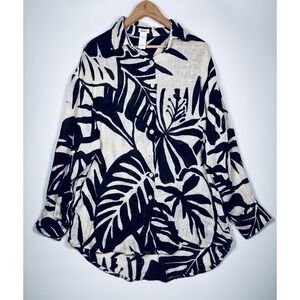 Vitamin A Playa Linen Boyfriend Shirt Women Large Black White Tropical Button Up